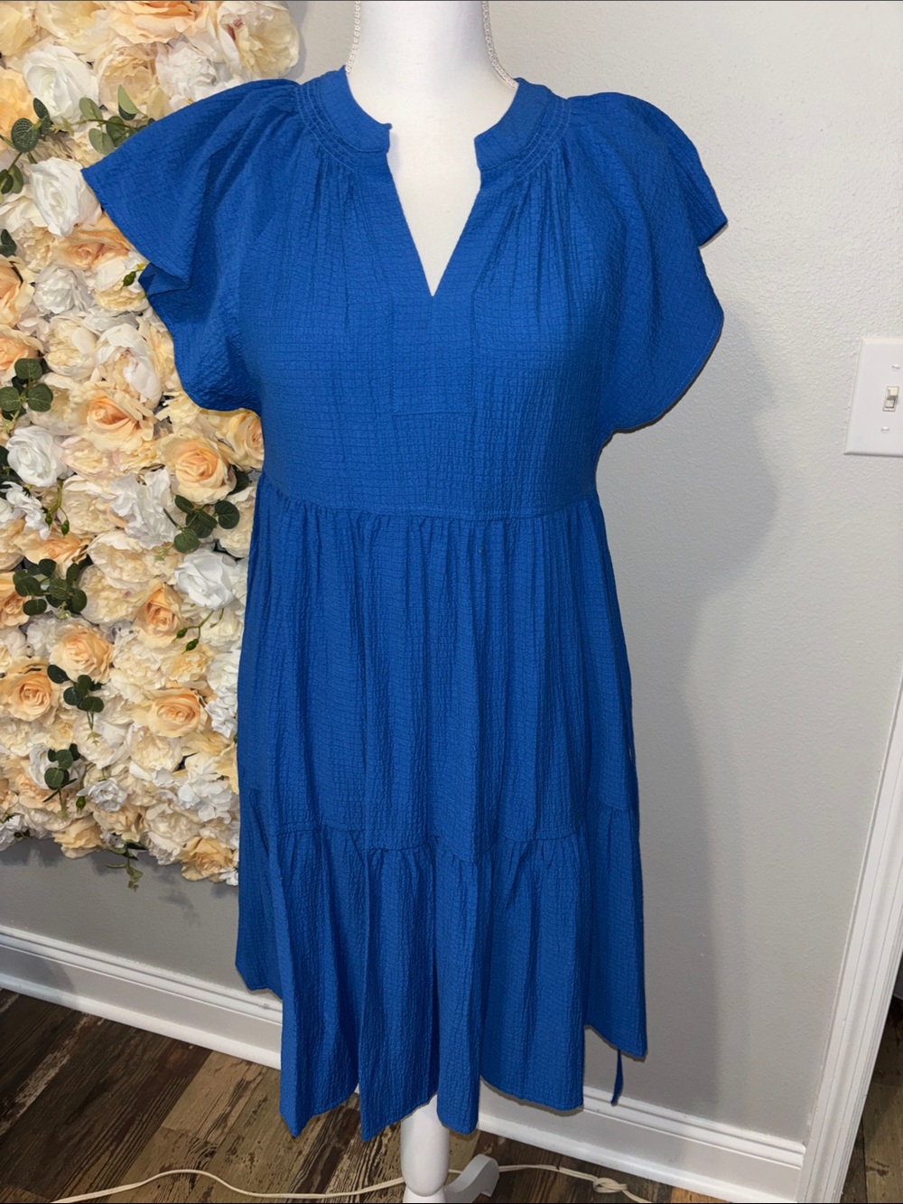 Calvin Klein Cobalt Blue Short-Sleeve V-Neck Tiered Midi Dress